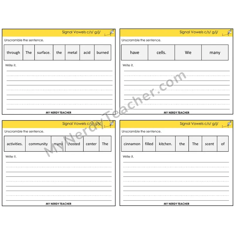 Signal Vowels (c/g soft) Unscramble and Write Task Cards — Decodable Sentences