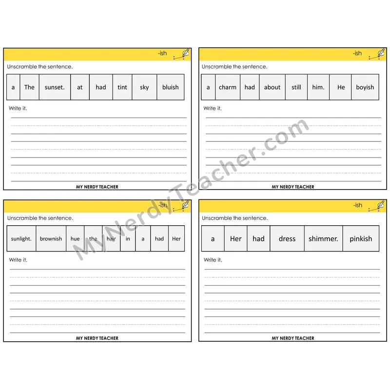 Suffix -ish Unscramble and Write Task Cards — Decodable Sentences