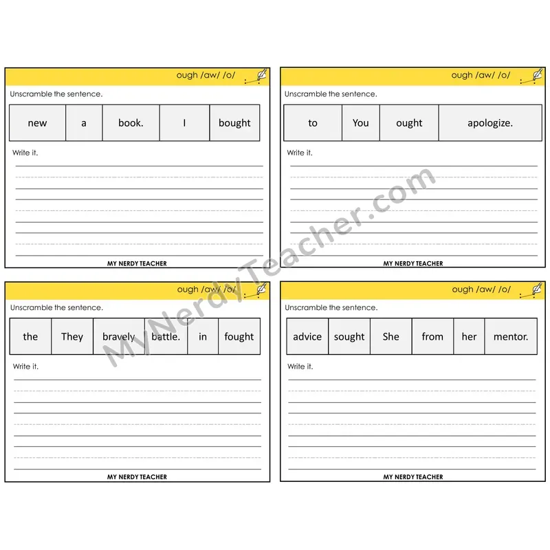 ough Spellings Unscramble and Write Task Cards — Decodable Sentences