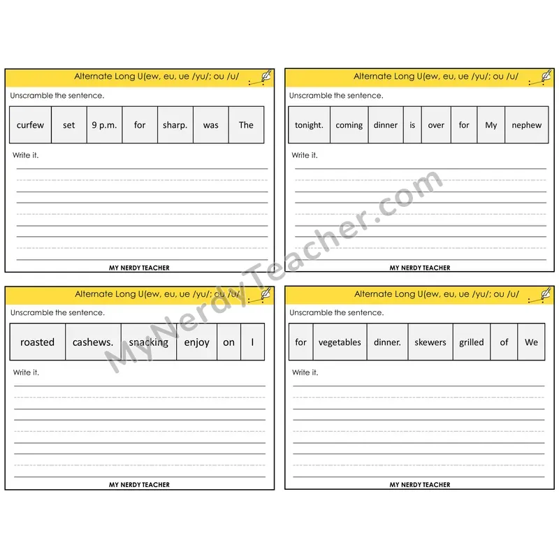 Alternate Long U Spellings Unscramble and Write Task Cards — Decodable Sentences