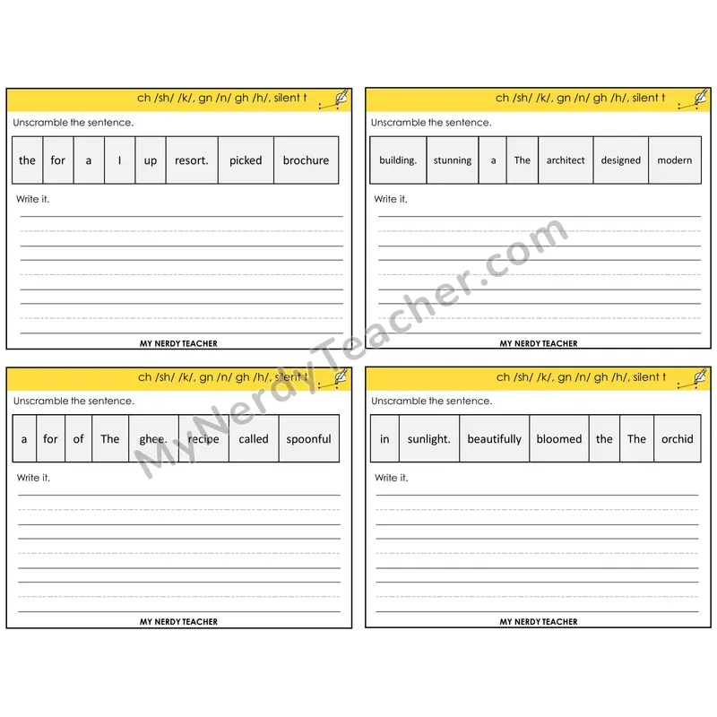 Alternate Consonant Spellings Unscramble and Write Task Cards — Decodable Sentences