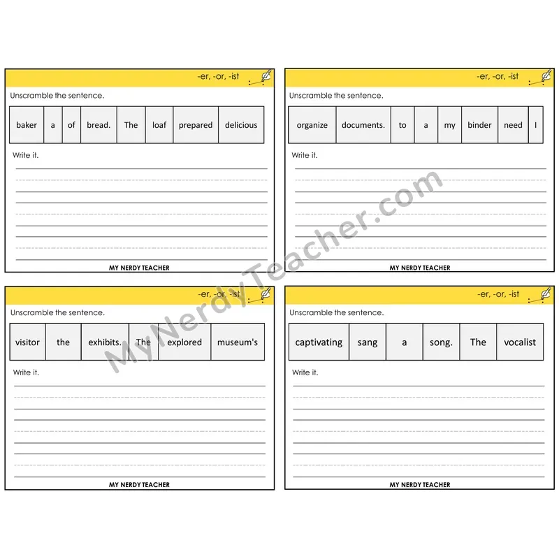 Suffixes -er, -or, -ist Unscramble and Write Task Cards — Decodable Sentences