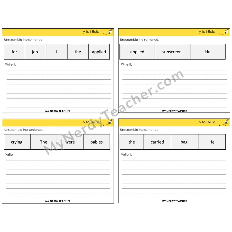 Y to I Rule Unscramble and Write Task Cards — Decodable Sentences