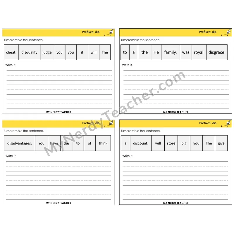Prefix dis- Unscramble and Write Task Cards — Decodable Sentences