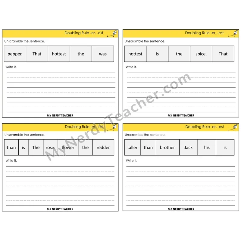Doubling Rule -er, -est Unscramble and Write Task Cards — Decodable Sentences