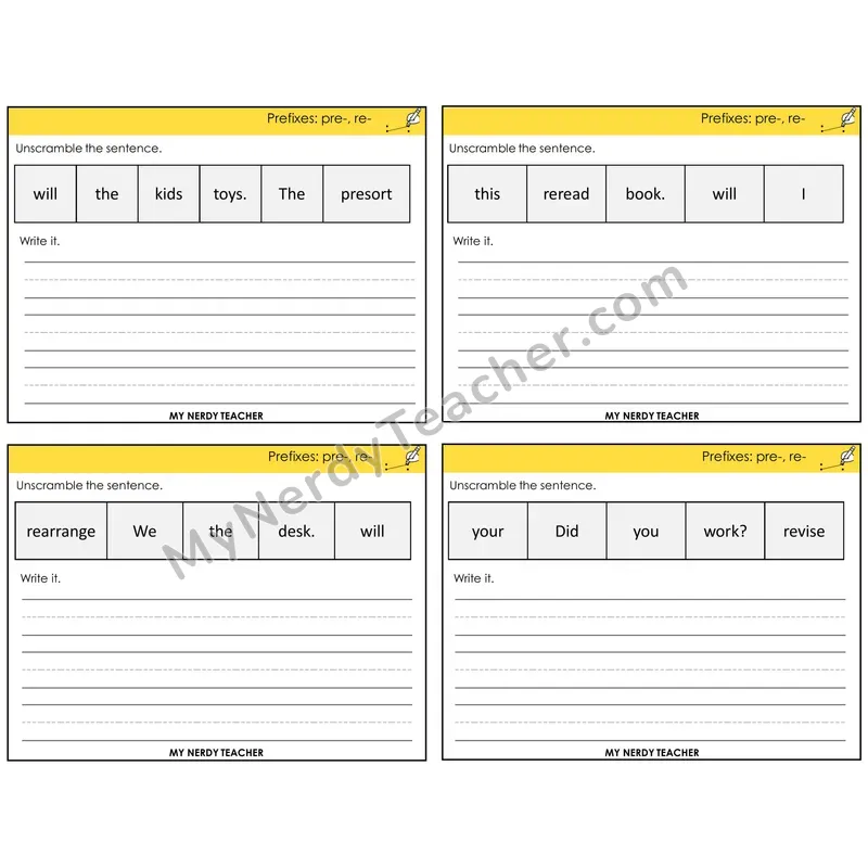 Prefixes pre- and re- Unscramble and Write Task Cards — Decodable Sentences