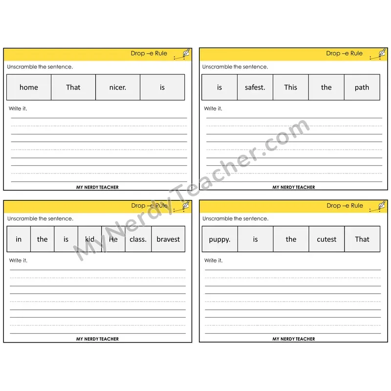 Drop -e Rule Unscramble and Write Task Cards — Decodable Sentences