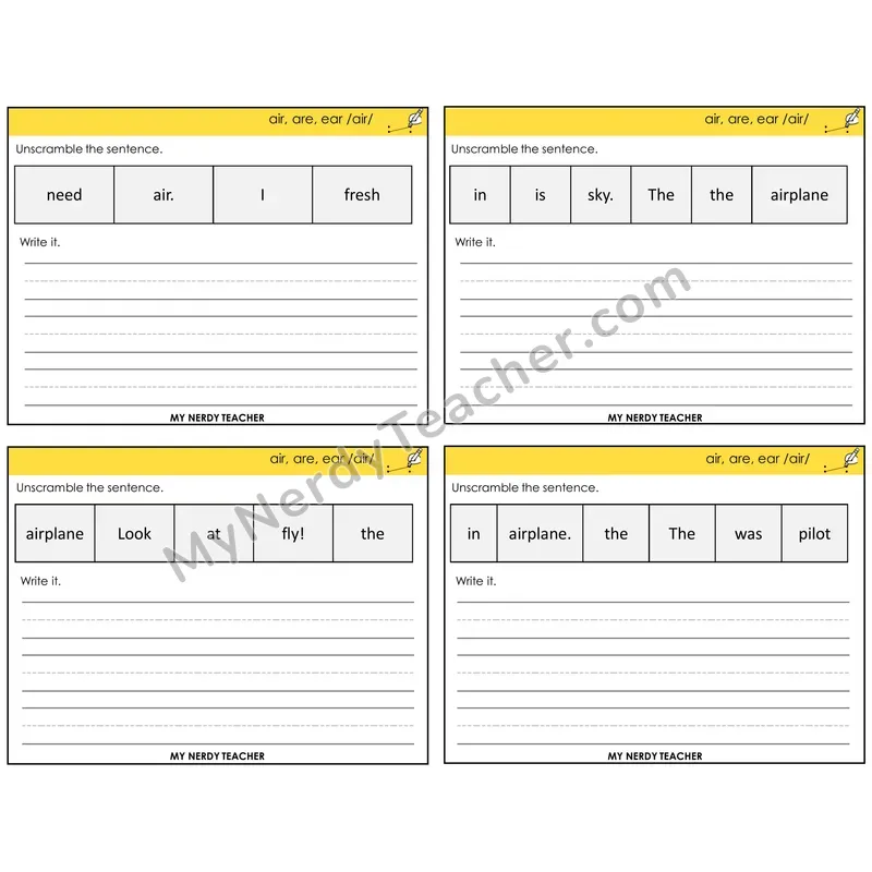 air, are, ear (/air/) Unscramble and Write Task Cards — Decodable Sentences