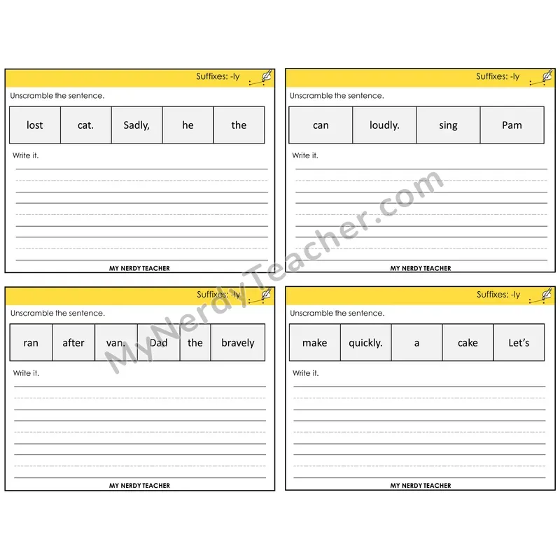 Suffix -ly Unscramble and Write Task Cards — Decodable Sentences