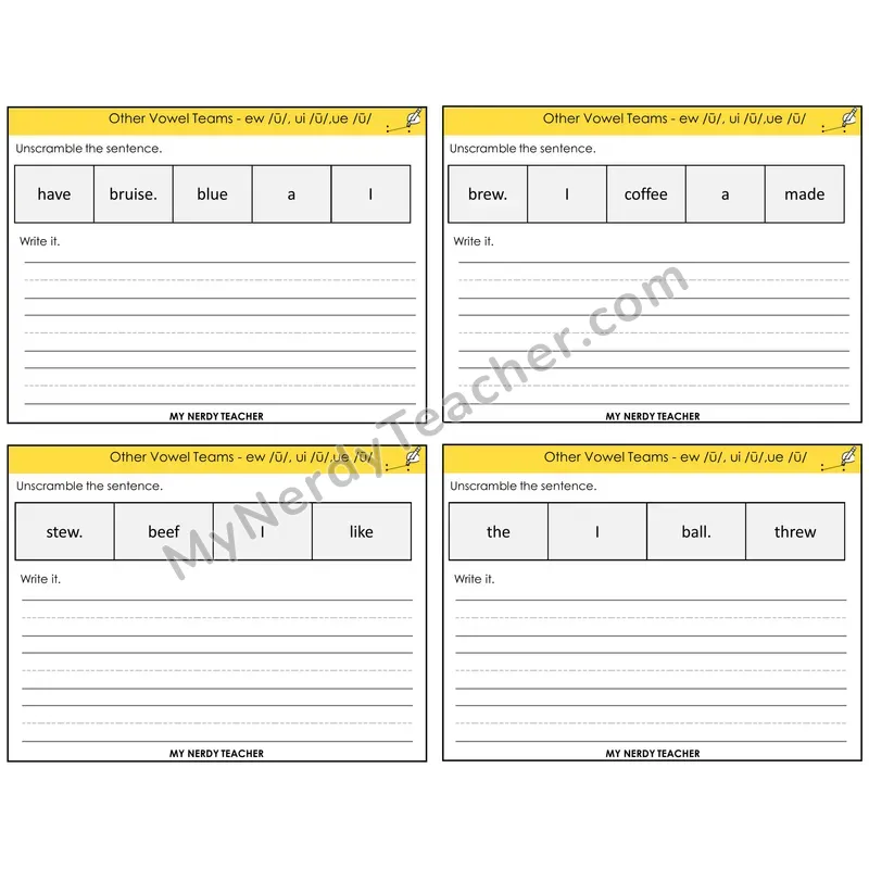 Long U (ew, ui, ue) Unscramble and Write Task Cards — Decodable Sentences