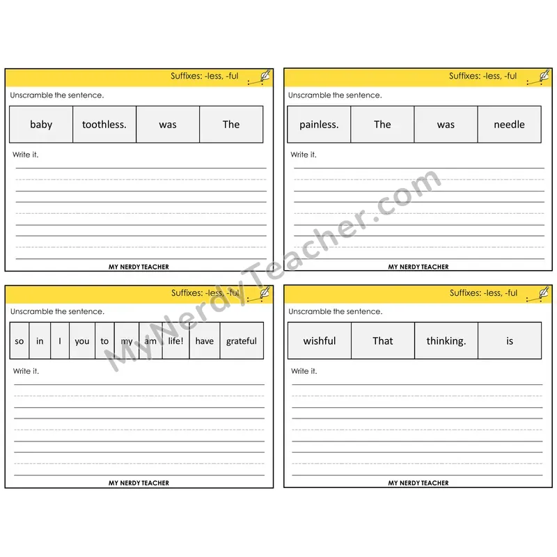 Suffixes -less and -ful Unscramble and Write Task Cards — Decodable Sentences