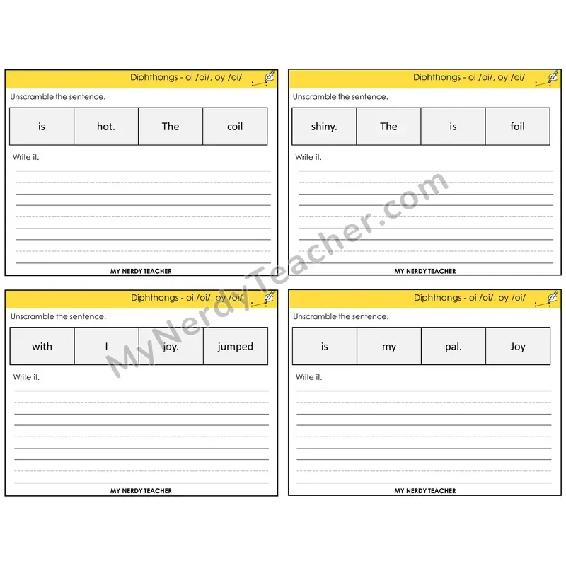 Diphthong OI and OY Unscramble and Write Task Cards — Decodable Sentences