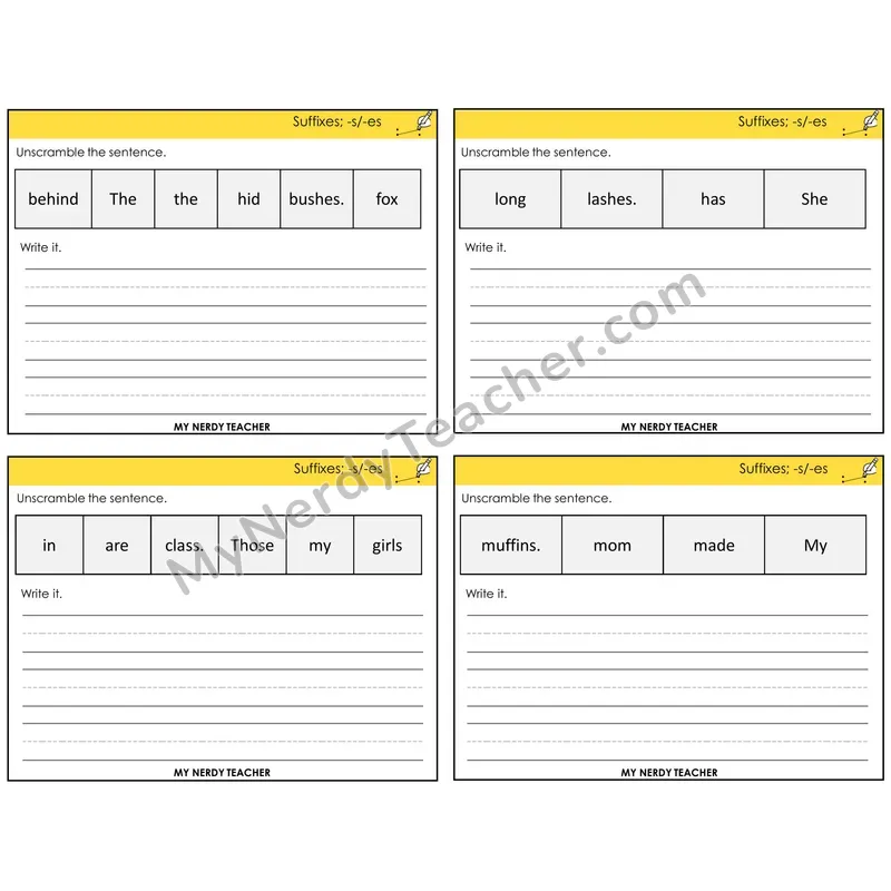 Suffixes -s and -es Unscramble and Write Task Cards — Decodable Sentences