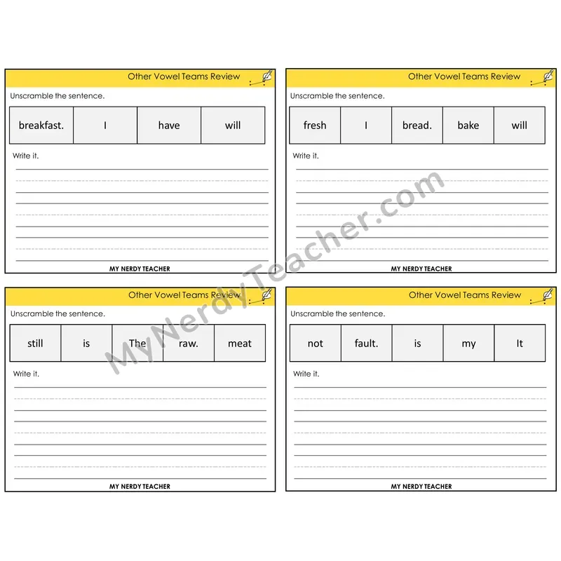 Other Vowel Teams Review Unscramble and Write Task Cards — Decodable Sentences