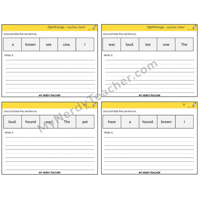 Diphthong OU and OW Unscramble and Write Task Cards — Decodable Sentences
