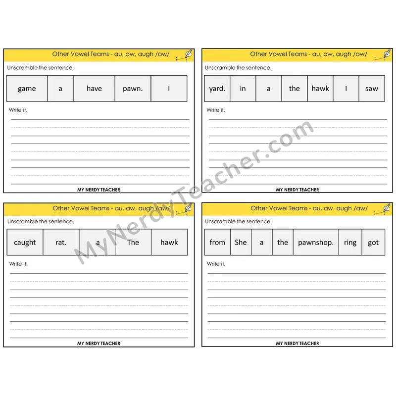 AU, AW, AUGH (/aw/) Unscramble and Write Task Cards — Decodable Sentences