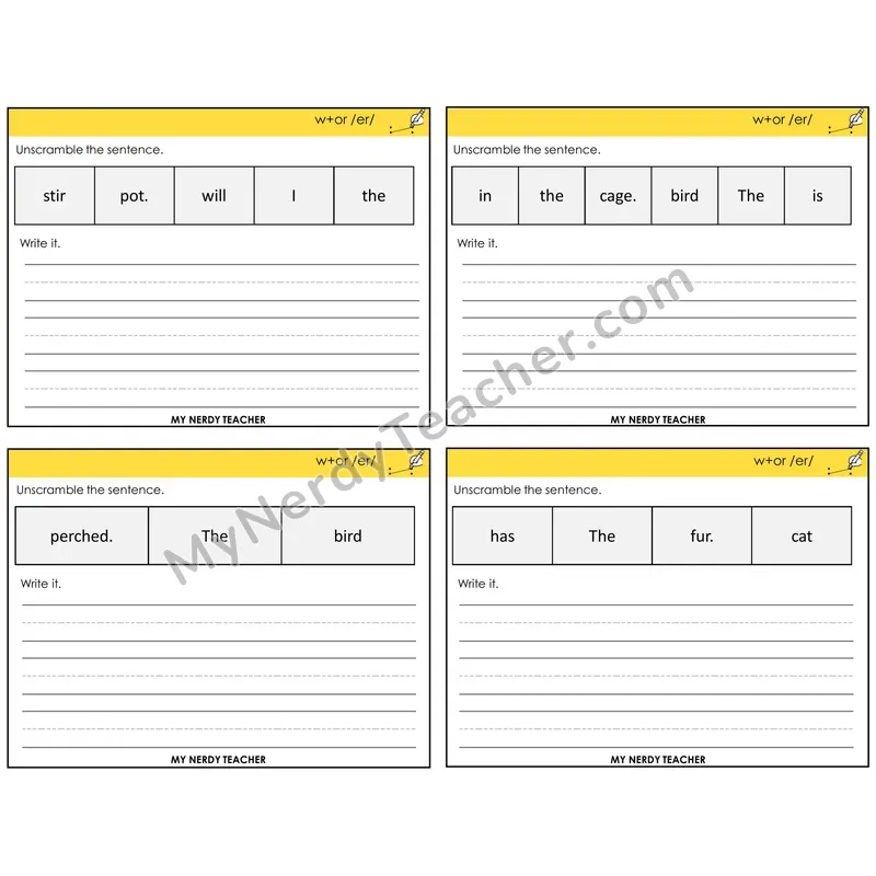 W+OR spelling /er/ Unscramble and Write Task Cards — Decodable Sentences