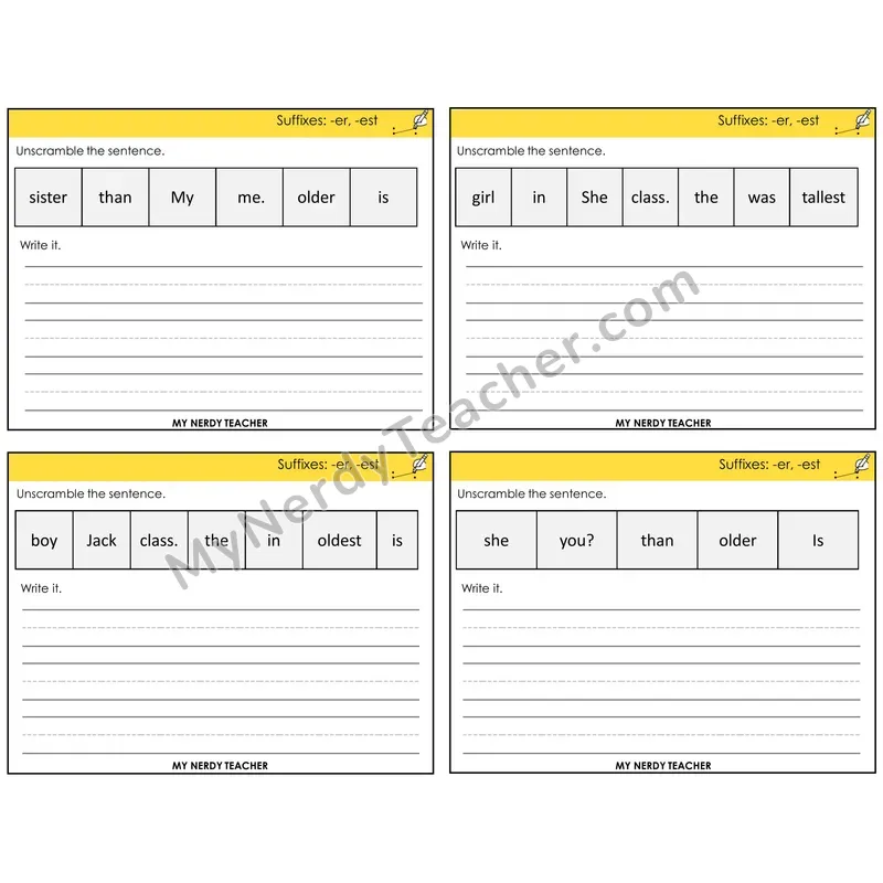 Suffixes -er and -est Unscramble and Write Task Cards — Decodable Sentences