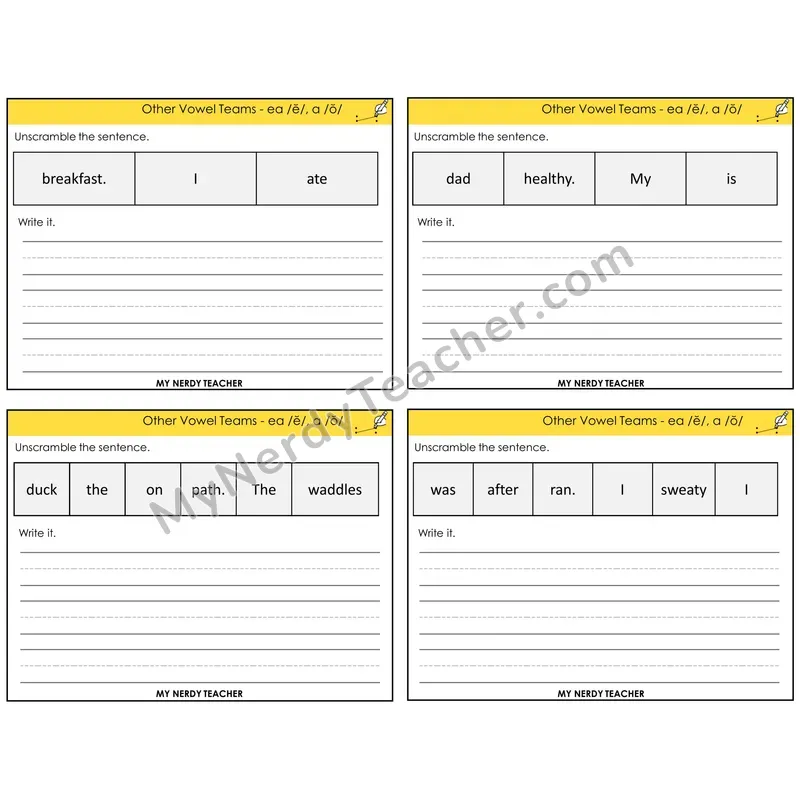 EA (short e) and A (short o) Unscramble and Write Task Cards — Decodable Sentences