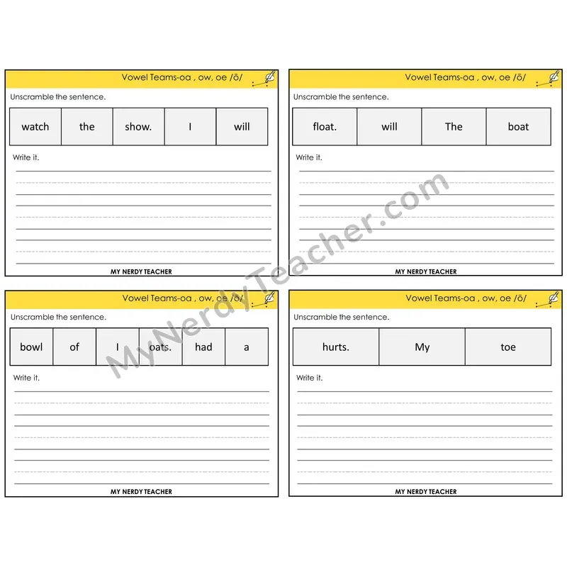 Long O Vowel Teams (oa, ow, oe) Unscramble and Write Task Cards — Decodable Sentences