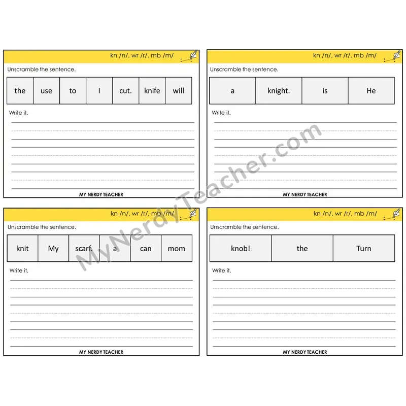 Silent Letters (kn, wr, mb) Unscramble and Write Task Cards — Decodable Sentences