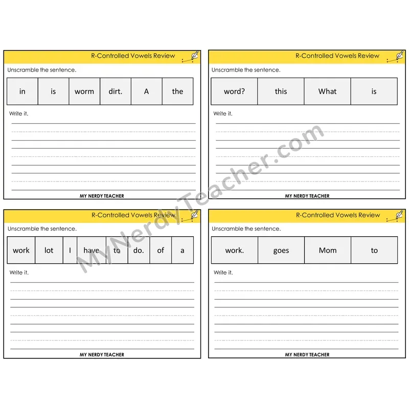 R-Controlled Vowels Review Unscramble and Write Task Cards — Decodable Sentences