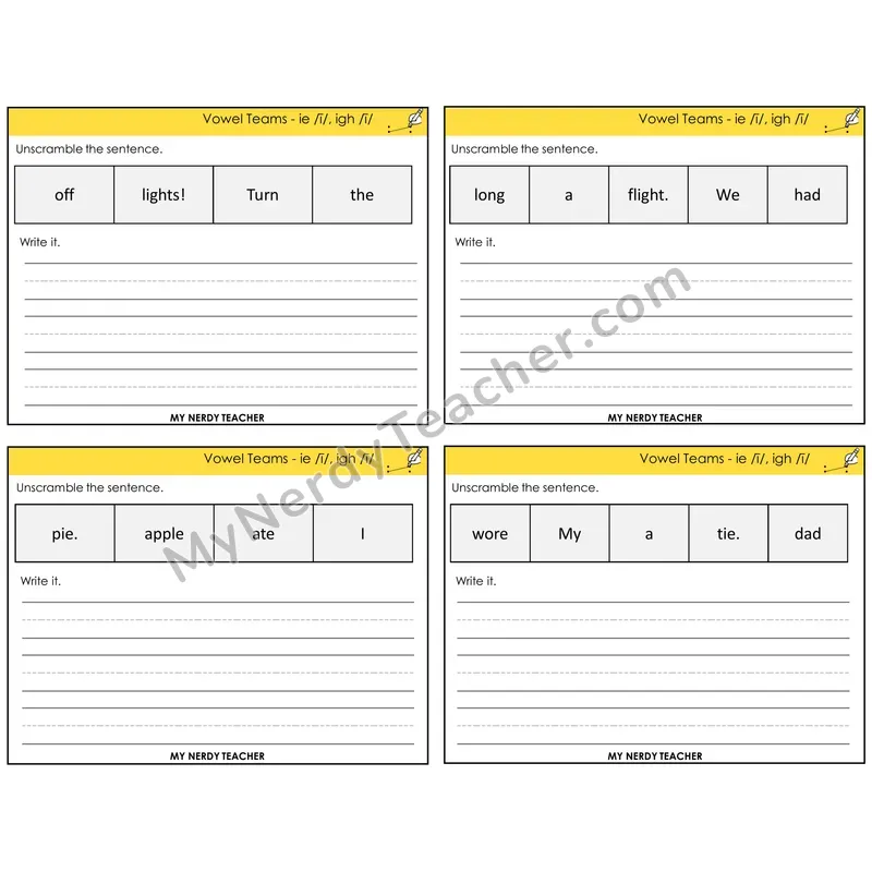 Long I Vowel Teams (ie, igh) Unscramble and Write Task Cards — Decodable Sentences