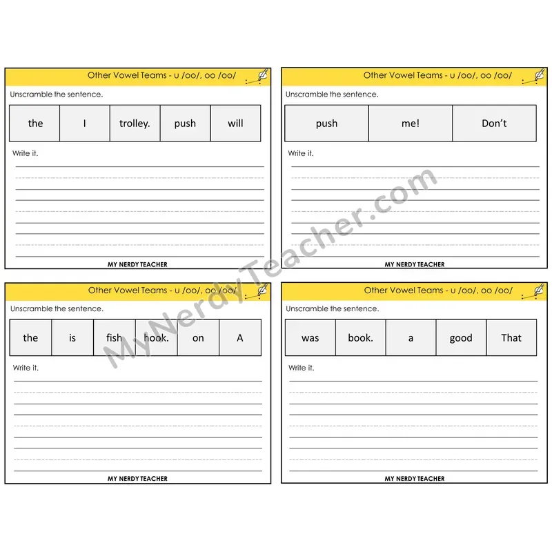 Short OO and U (/oo/) Unscramble and Write Task Cards — Decodable Sentences