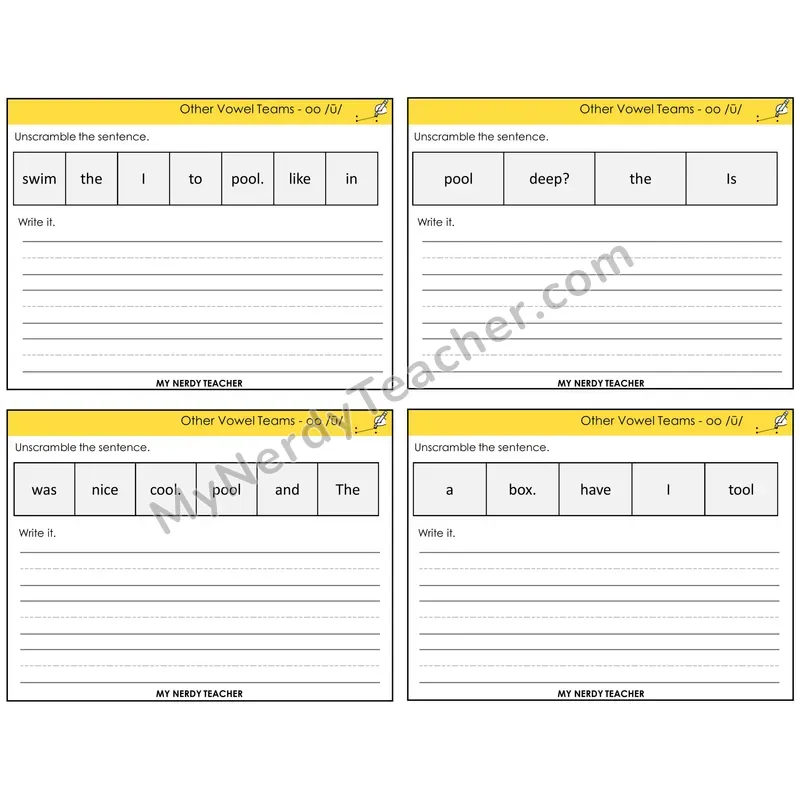 Long OO (/ū/) Unscramble and Write Task Cards — Decodable Sentences