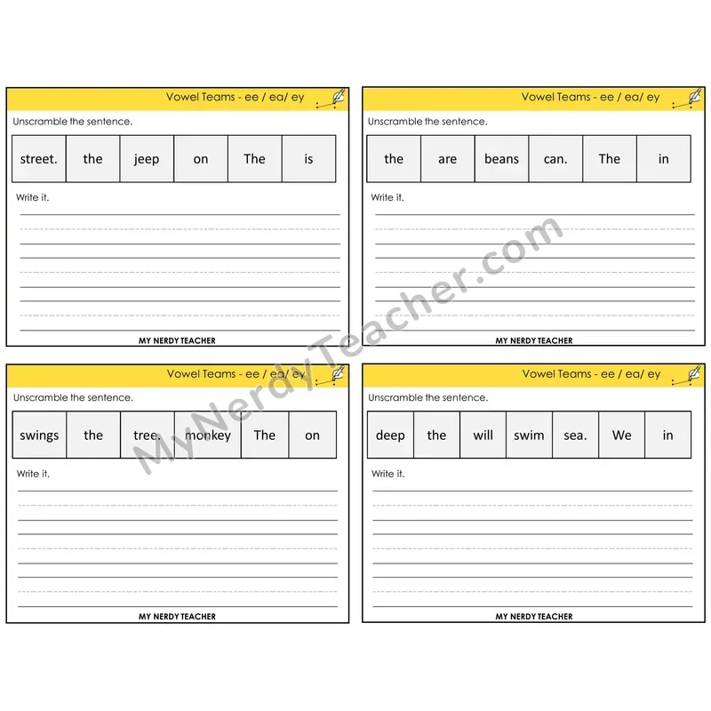 Long E Vowel Teams (ee, ea, ey) Unscramble and Write Task Cards — Decodable Sentences