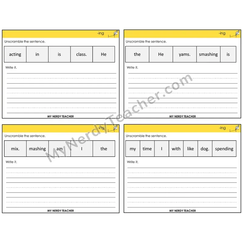 Suffix -ing Unscramble and Write Task Cards — Decodable Sentences