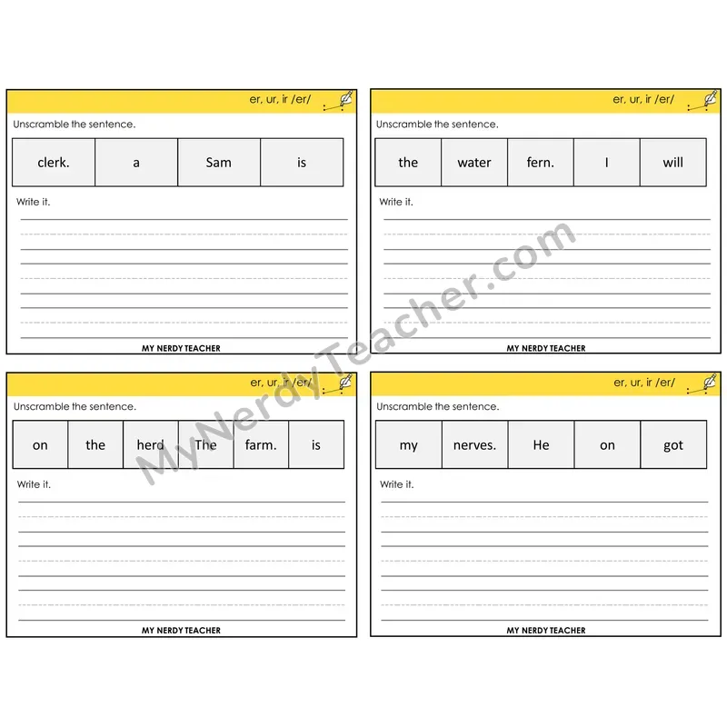 R-Controlled ER, UR, IR Unscramble and Write Task Cards — Decodable Sentences