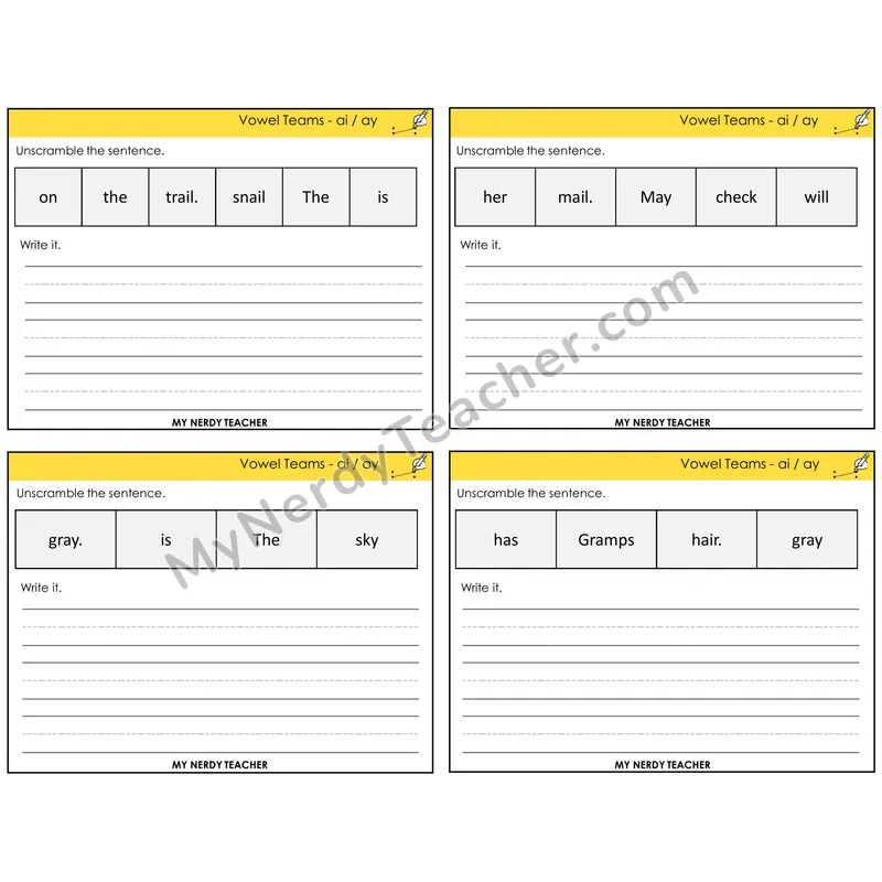 Long A Vowel Teams (ai, ay) Unscramble and Write Task Cards — Decodable Sentences