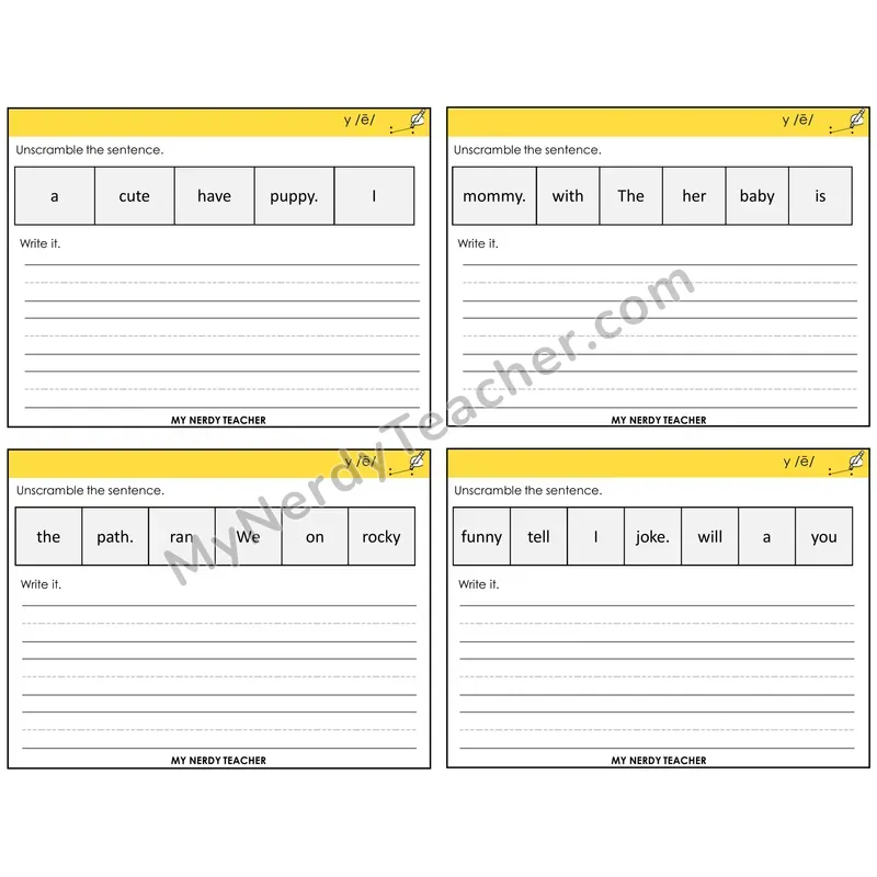 Y as Long E Unscramble and Write Task Cards — Decodable Sentences