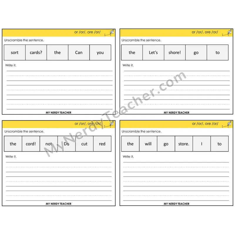 R-Controlled OR and ORE Unscramble and Write Task Cards — Decodable Sentences