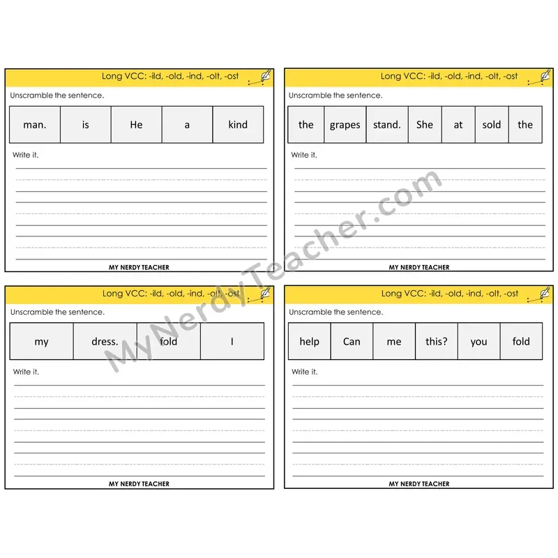 Long VCC Patterns Unscramble and Write Task Cards — Decodable Sentences