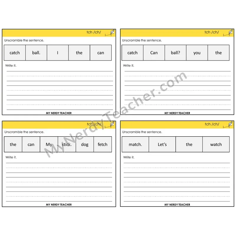 TCH Trigraph Unscramble and Write Task Cards — Decodable Sentences