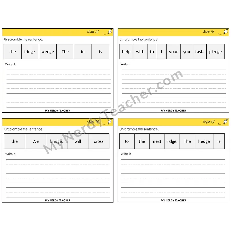 DGE Trigraph Unscramble and Write Task Cards — Decodable Sentences