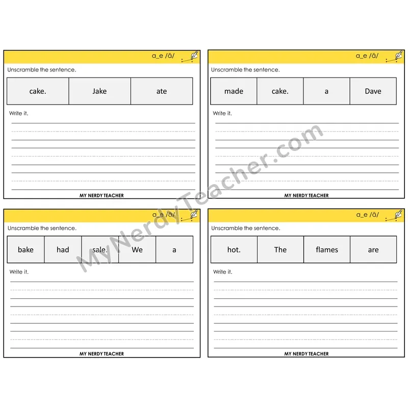 Long A VCe (a_e) Unscramble and Write Task Cards — Decodable Sentences