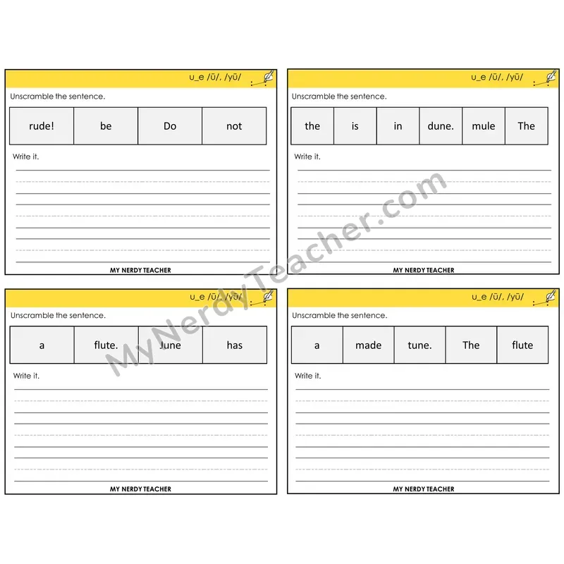 Long U VCe (u_e) Unscramble and Write Task Cards — Decodable Sentences