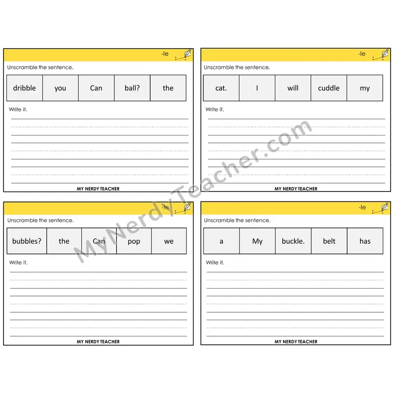 Consonant -le Unscramble and Write Task Cards — Decodable Sentences