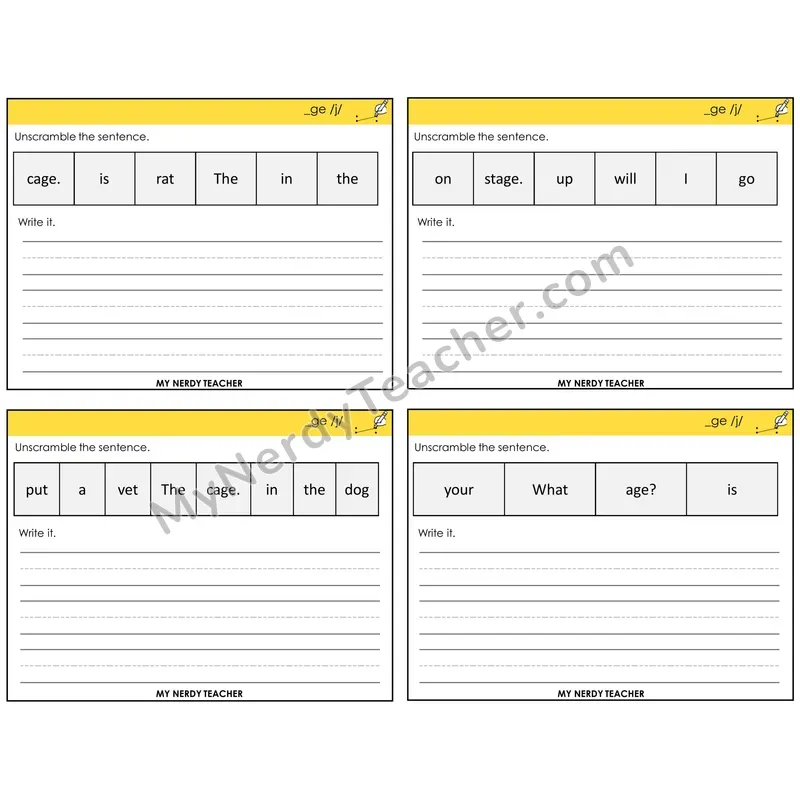 Soft G (_ge) Unscramble and Write Task Cards — Decodable Sentences