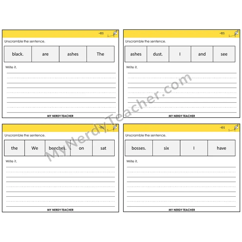 Suffix -es (Inflectional) Unscramble and Write Task Cards — Decodable Sentences