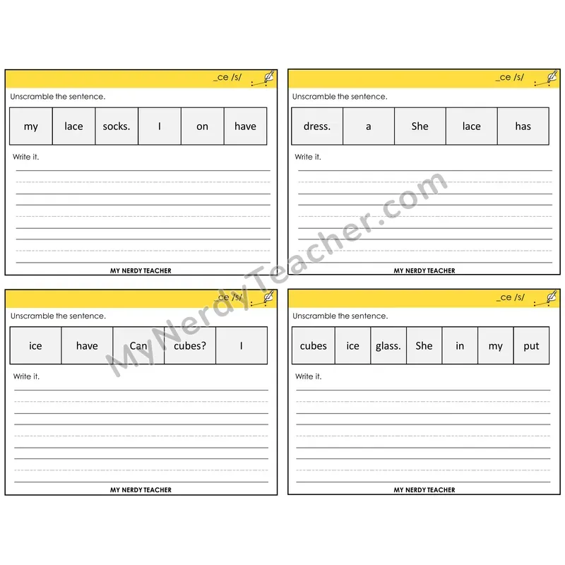 Soft C (_ce) Unscramble and Write Task Cards — Decodable Sentences