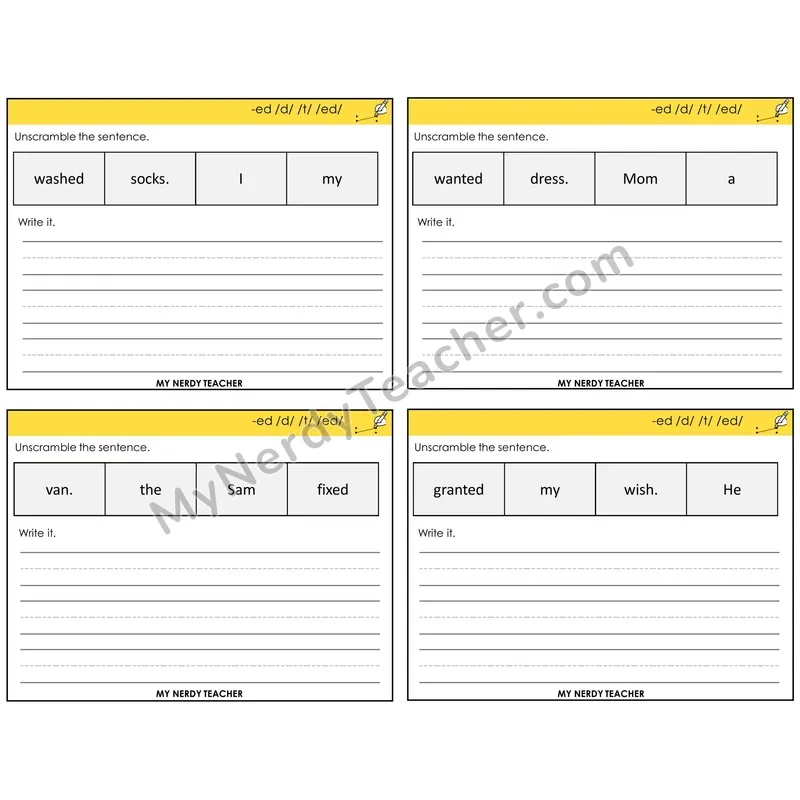 Suffix -ed Unscramble and Write Task Cards — Decodable Sentences