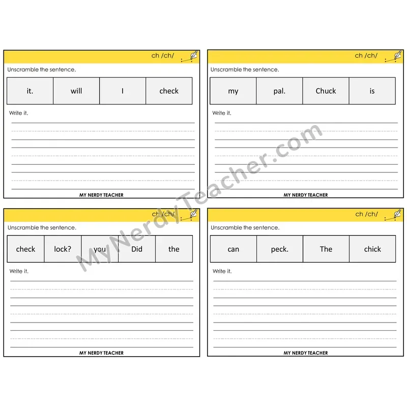 CH Digraph Unscramble and Write Task Cards — Decodable Sentences