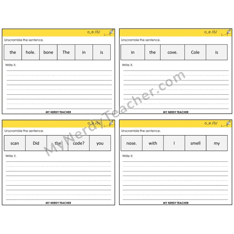 Long O VCe (o_e) Unscramble and Write Task Cards — Decodable Sentences