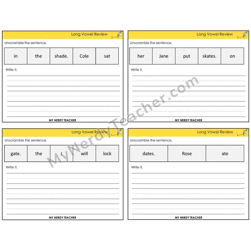 Long Vowels Review Unscramble and Write Task Cards — Decodable Sentences
