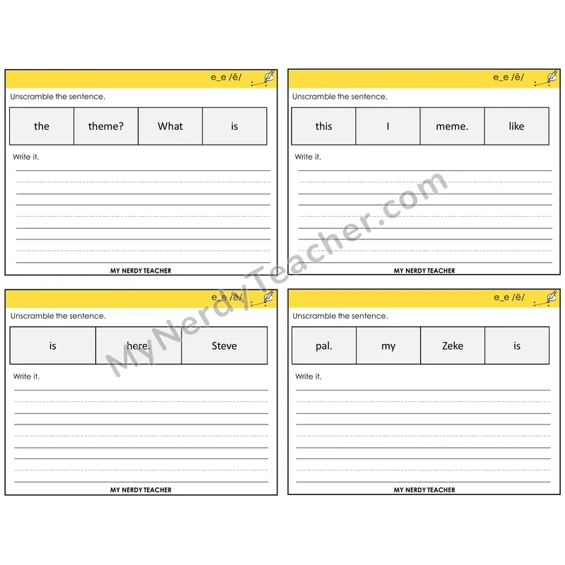 Long E VCe (e_e) Unscramble and Write Task Cards — Decodable Sentences