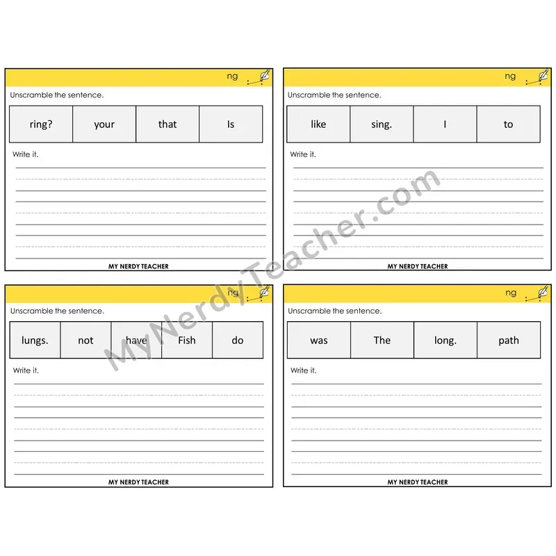 NG Digraph Unscramble and Write Task Cards — Decodable Sentences
